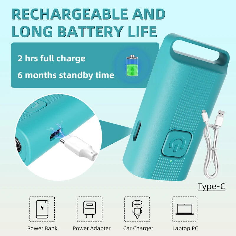 A teal portable ultrasonic dog repeller device shown with a Type-C cable and various charging options.