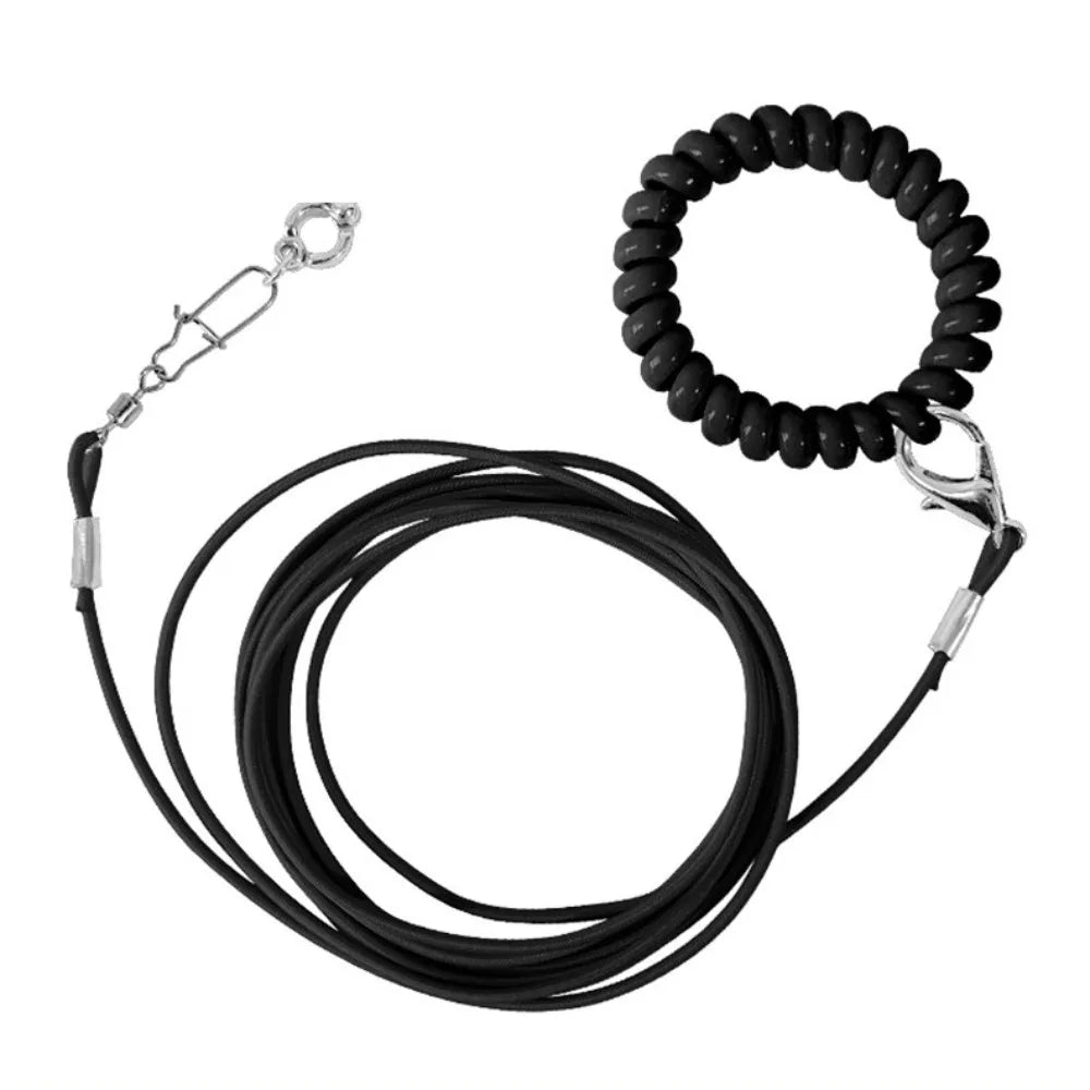 Black adjustable parrot traction rope with a metal hook and loop for safe bird handling