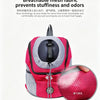 A pink and gray breathable mesh fabric pet carrier backpack with a black headhole for music.