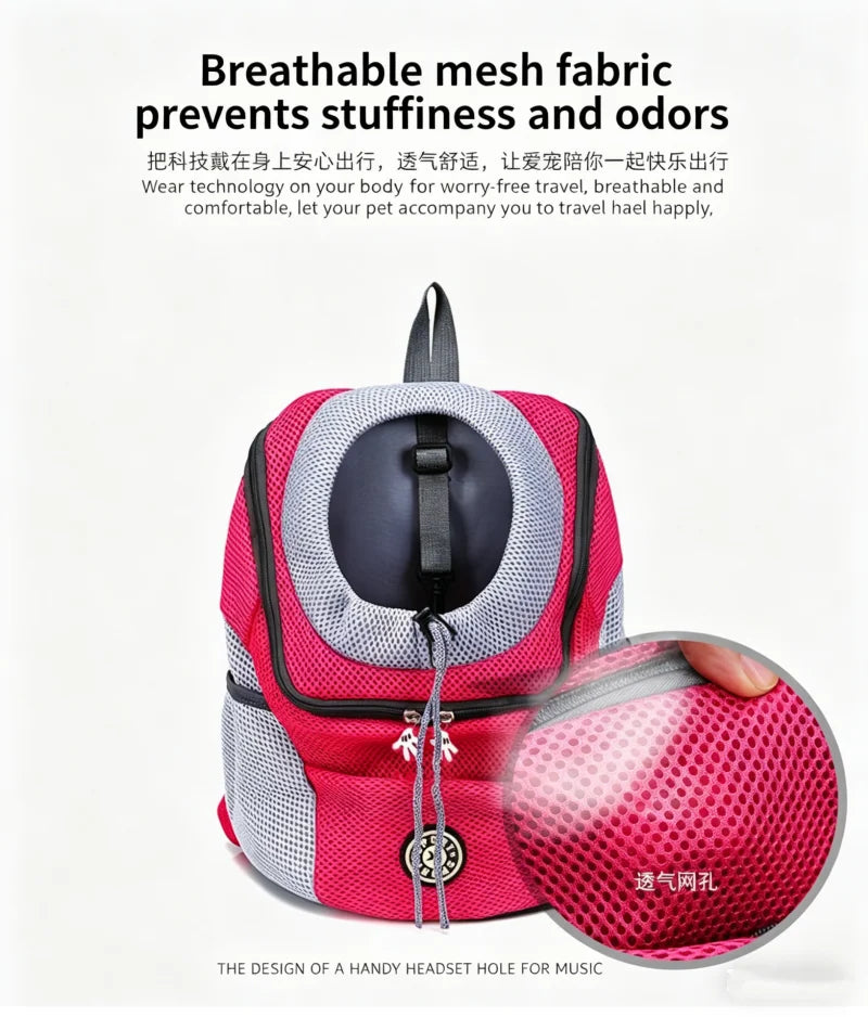 A pink and gray breathable mesh fabric pet carrier backpack with a black headhole for music.