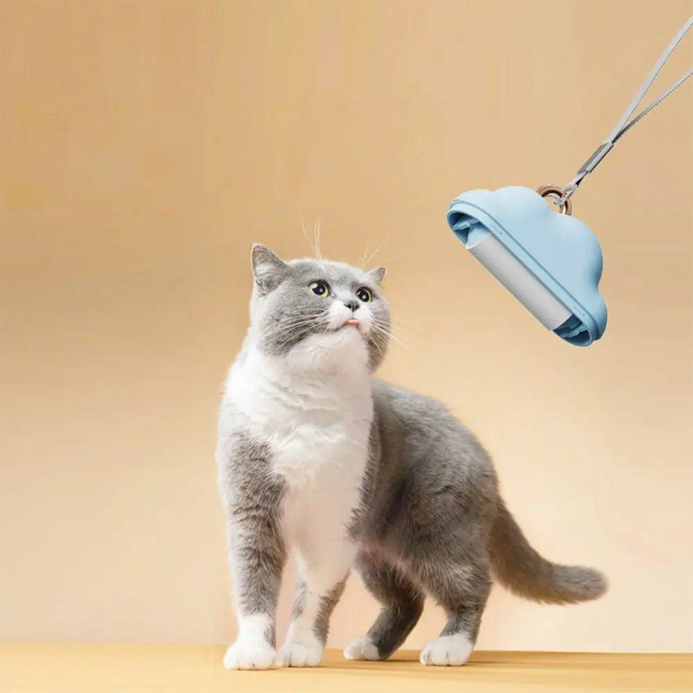 A gray and white cat is looking up at a light blue cloud-shaped lint roller refill hanging from a string.