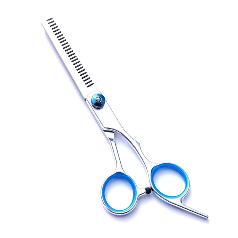 A pair of precision stainless steel pet grooming shears with silver handles and blue accents.