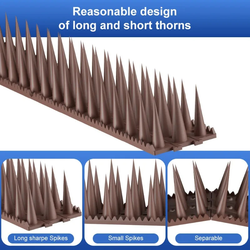 A close-up view of long and short spikes for a bendable outdoor bird and pest repellent.