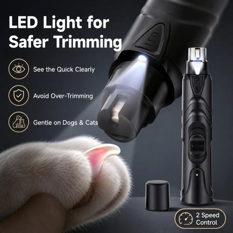 A close-up of an LED light pet nail grinder being used on a cat's paw, demonstrating safe trimming.