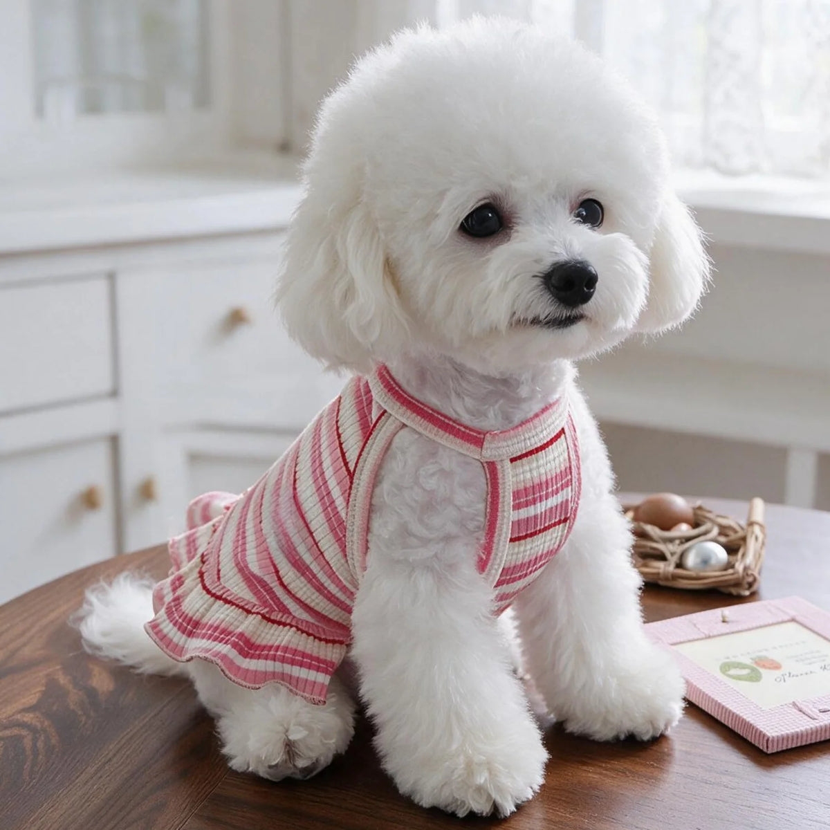 A fluffy white dog wearing a red and white striped ruffle hem knit dress sitting on a wooden surface.