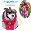 A pink and gray breathable universal pet backpack with a dog wearing glasses is shown.