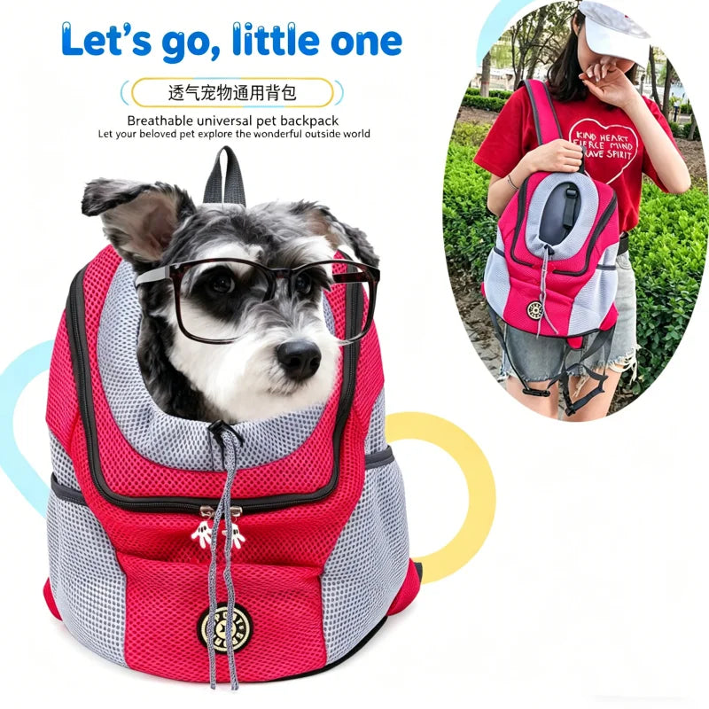 A pink and gray breathable universal pet backpack with a dog wearing glasses is shown.
