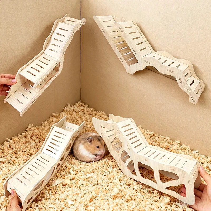Wooden hamster hideout cave with a peekaboo design shown in a cardboard box surrounded by hay