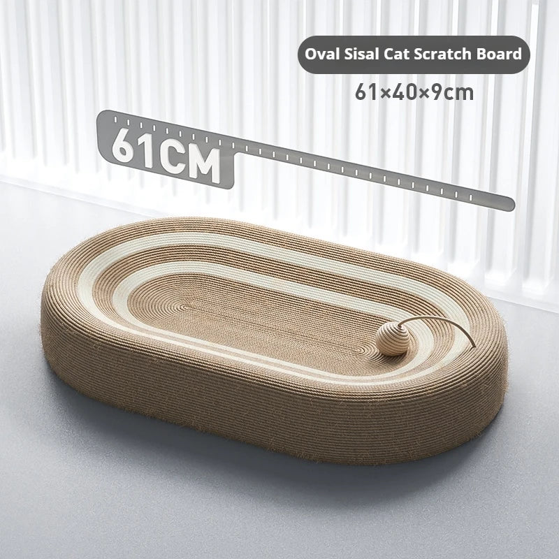 Oval sisal cat scratch board measuring 61x40x9cm with a small ball toy