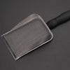 Stainless steel pet poop shovel with a black handle, shown against a dark background.