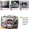A foldable pet playpen with a mesh enclosure shown next to examples of its use and features.