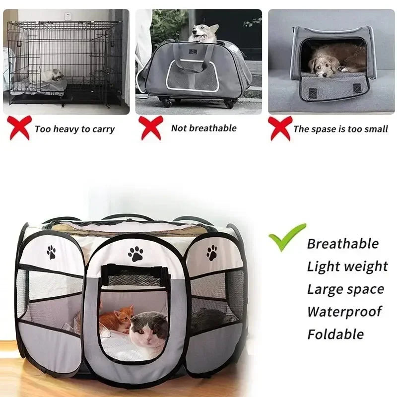 A foldable pet playpen with a mesh enclosure shown next to examples of its use and features.