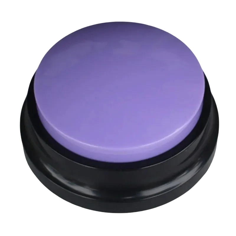 A round, purple talking pet training button with a black base.