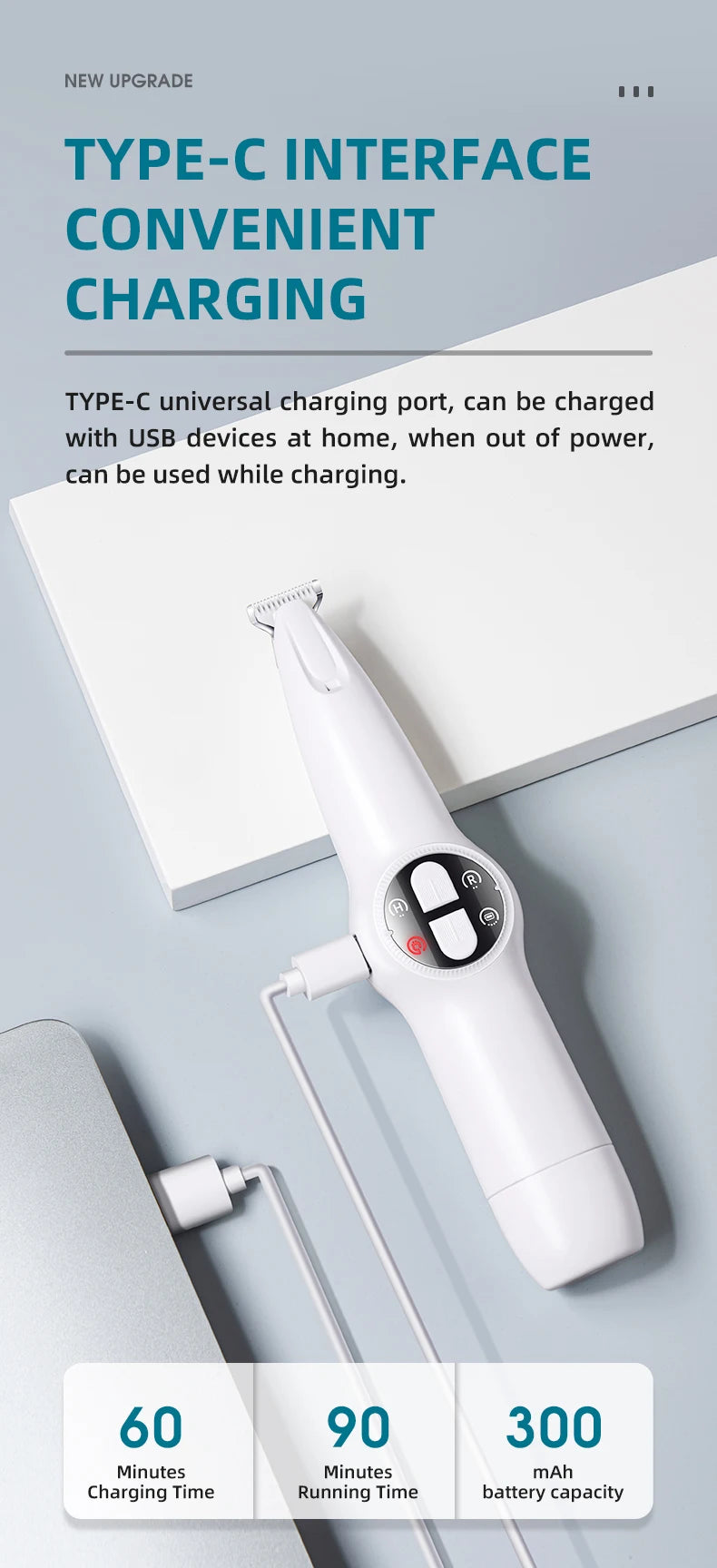Weißer elektrischer Nagelschleifer und Haartrimmergerät auf grauem Hintergrund.
