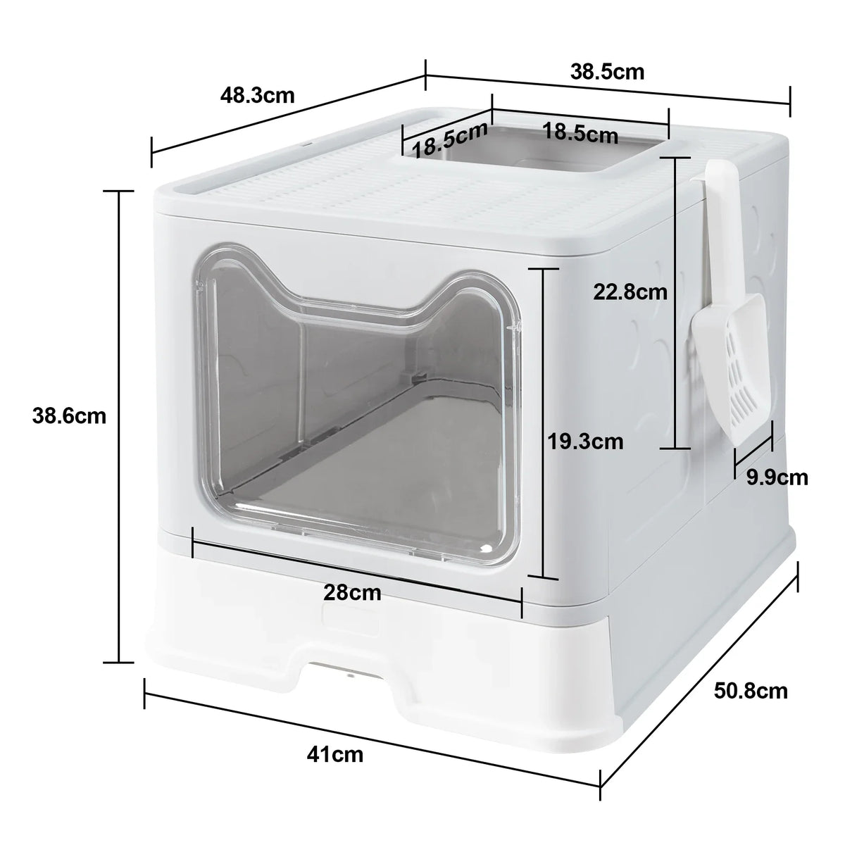 A white foldable cat litter box with a front entry and top exit, shown from the top view.