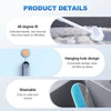 A white pet hair remover brush with an extended handle and a hanging hole design is shown.