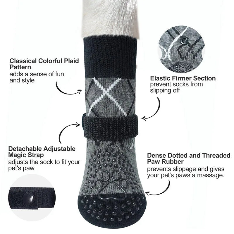 A pair of black dog traction socks with a plaid pattern, featuring an elastic firmer section and dotted paw rubber.