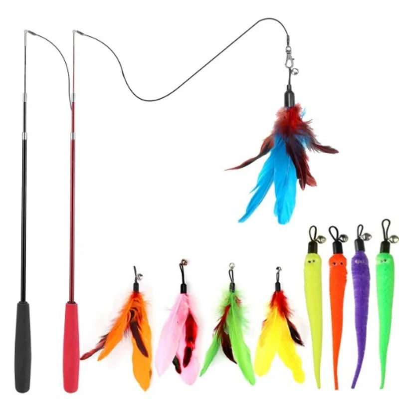 A variety pack of interactive cat toys featuring feather and plush attachments in various colors like red, orange, green, and
