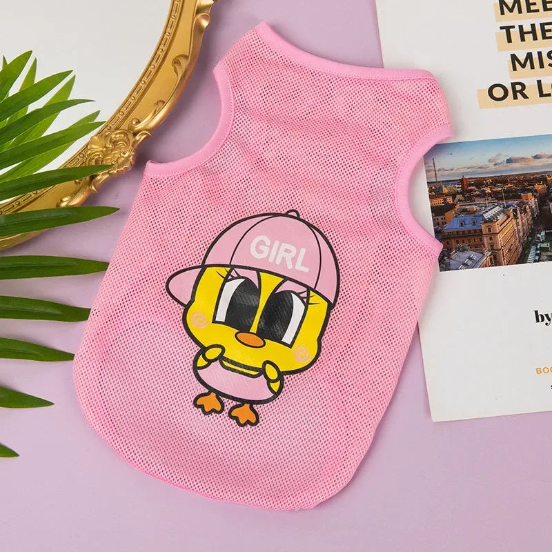 Pink breathable mesh summer pet vest with a yellow cartoon girl print