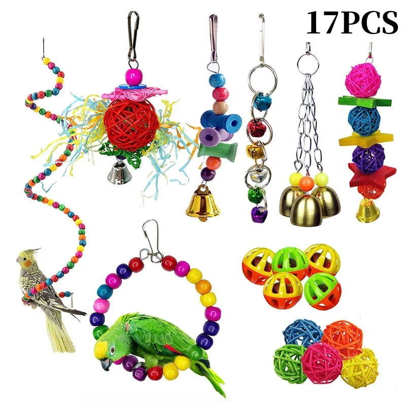 17 pieces of natural wooden swing and chewing toys for parrots including various shapes and colors