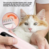 A person holds a pink electric pet hair trimmer near a cat's fur, demonstrating its use.