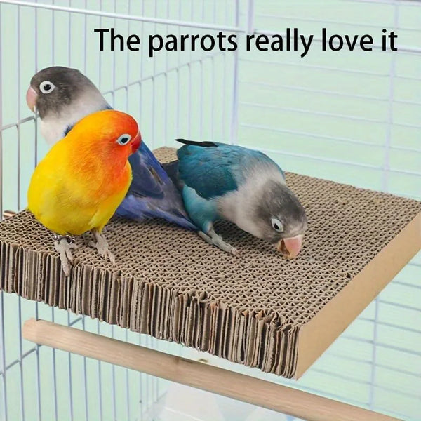 Three parrots are shown interacting with a natural corrugated bird perch stand.