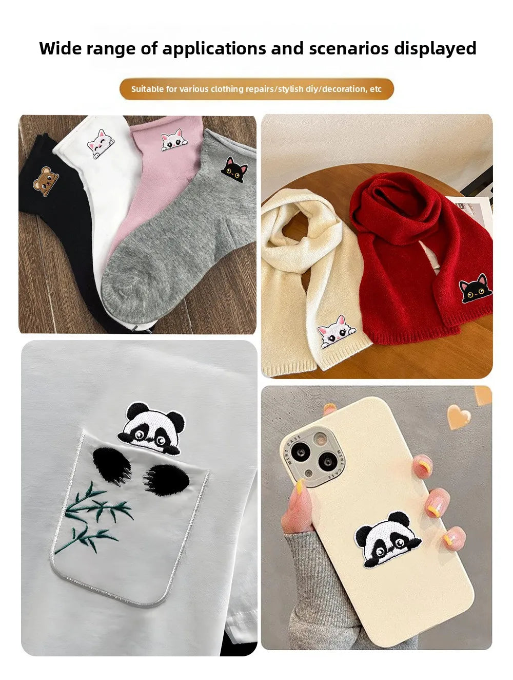 Various cat embroidered iron-on patches displayed on clothing, accessories, and phone cases.