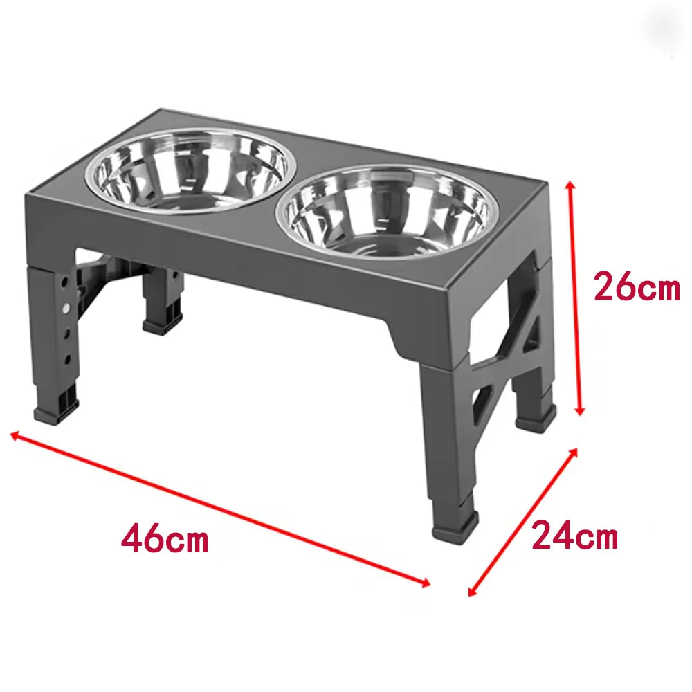 A black adjustable raised dog feeder with two stainless steel bowls, shown from the side.