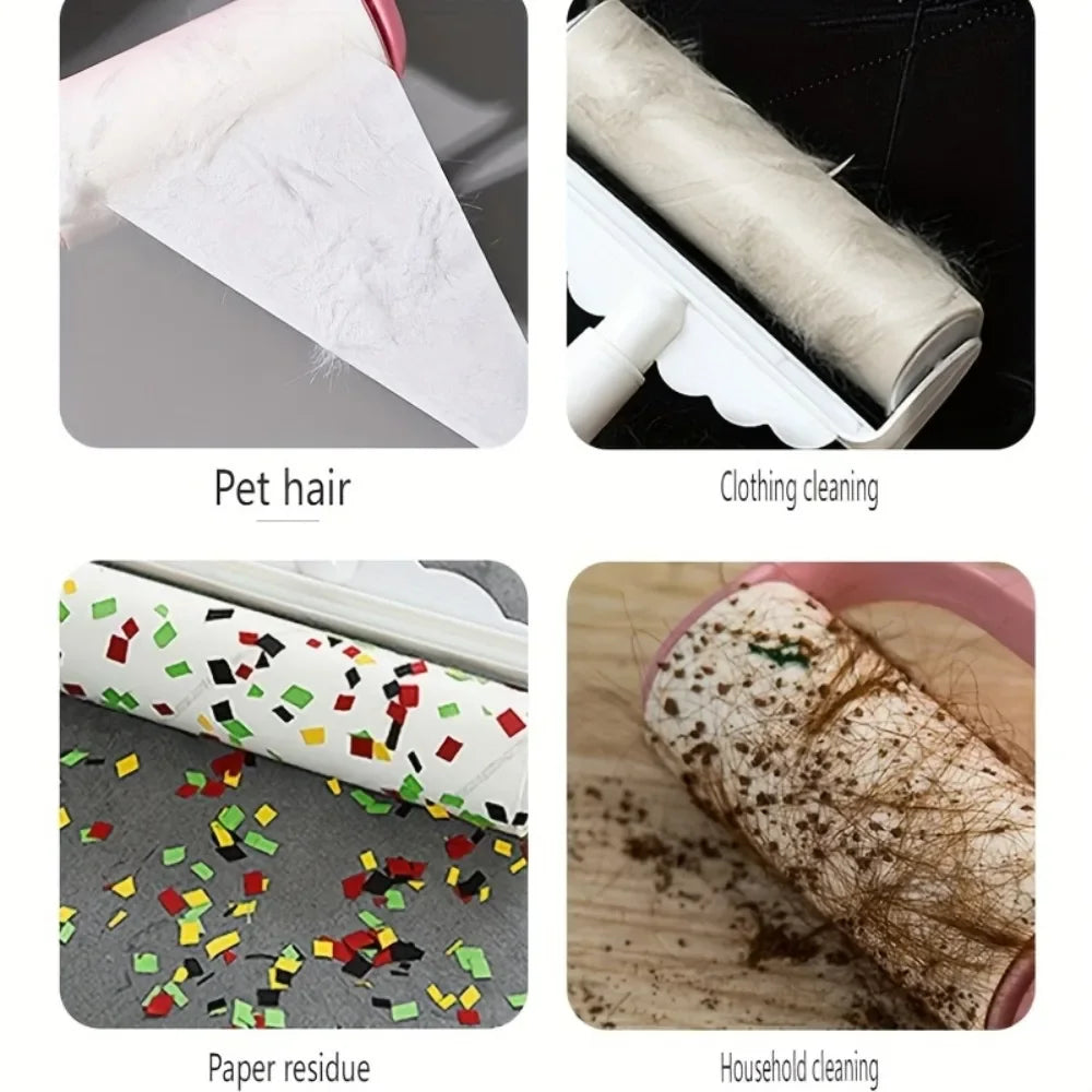 Various lint rollers used for pet hair removal, clothing cleaning, paper residue cleanup, and household cleaning.