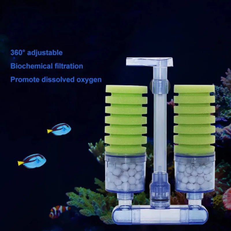 Un filtre éponge biochimique clair avec des éponges vertes et blanches empilées dans un aquarium.