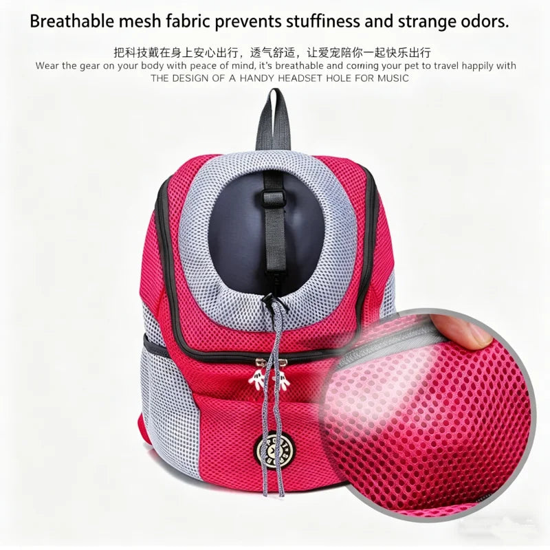 A pink and gray breathable mesh fabric pet carrier backpack with a black mesh ball visible.