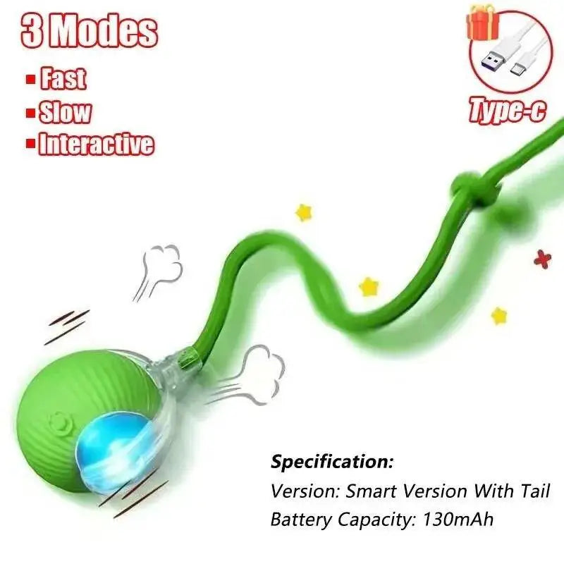 A green motion-activated toy ball with a flexible tail and a light, designed for pets.