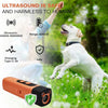 An ultrasonic dog bark deterrent training device is shown with a white dog outdoors, demonstrating its use for pet training.