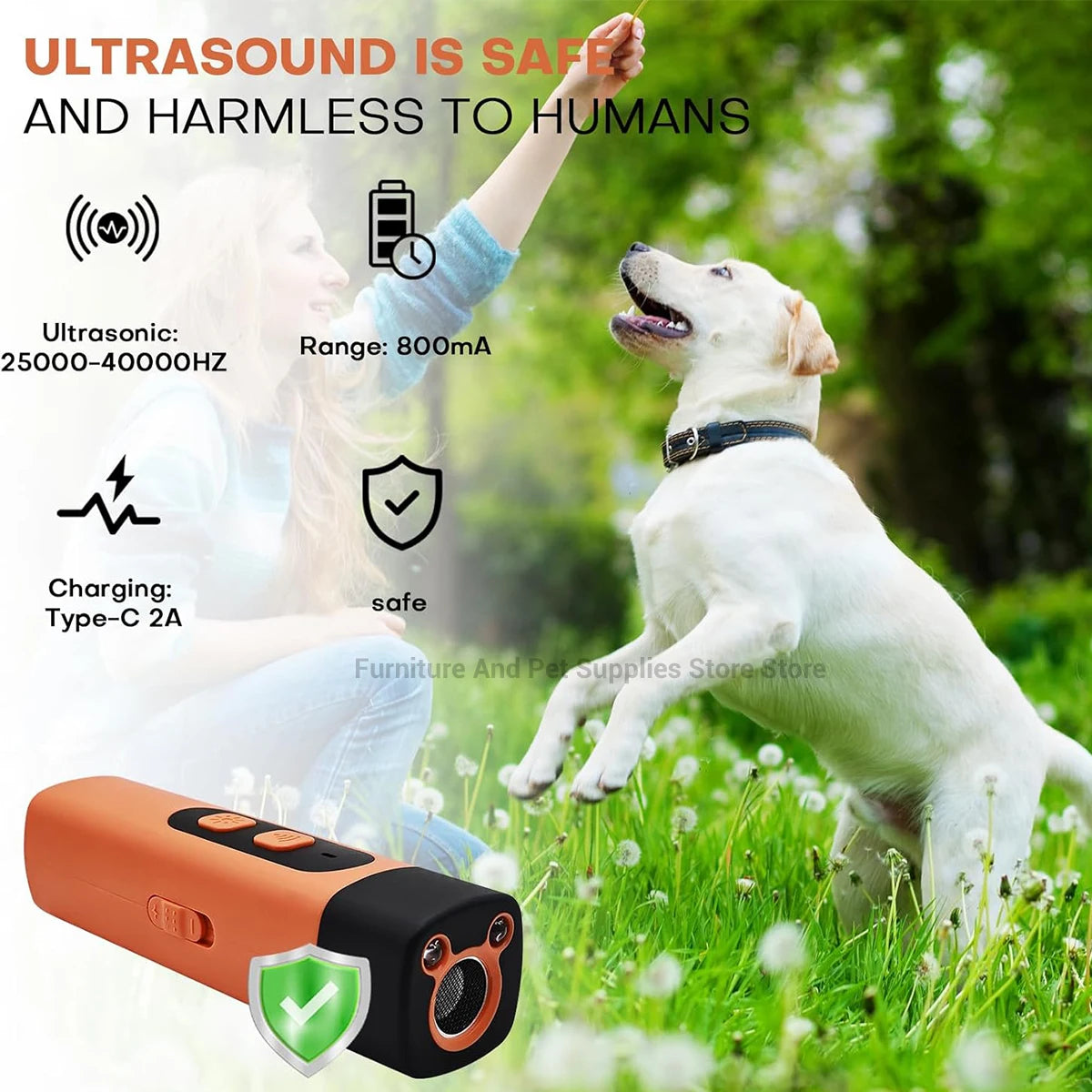 An ultrasonic dog bark deterrent training device is shown with a white dog outdoors, demonstrating its use for pet training.