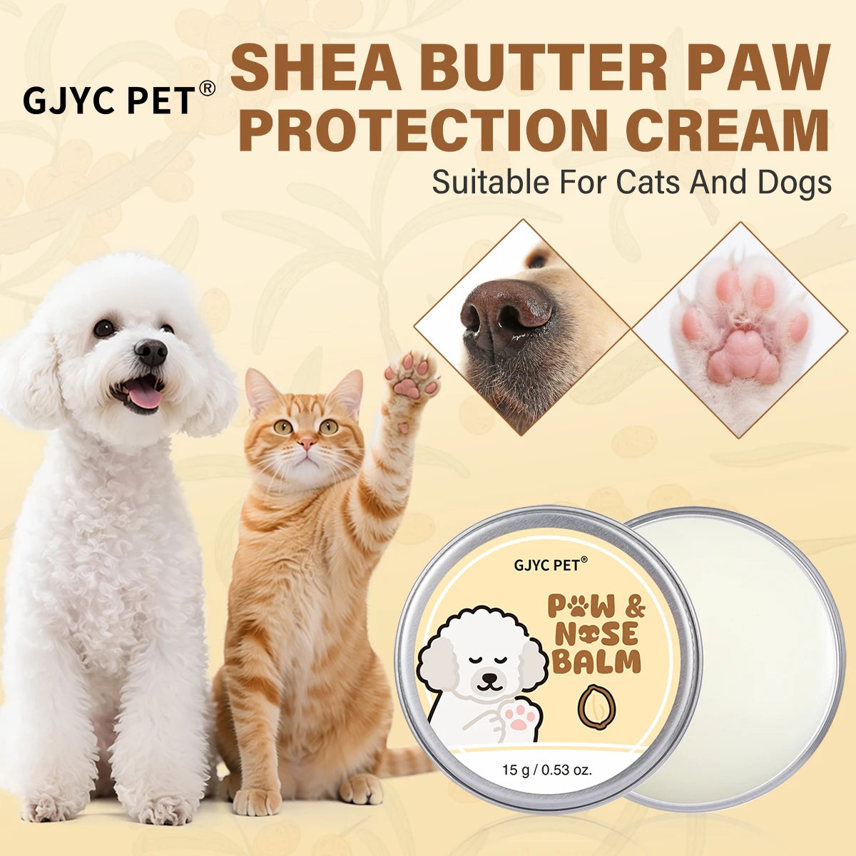 A jar of GJYC PET Shea Butter Paw Protection Cream next to a white dog and an orange cat.