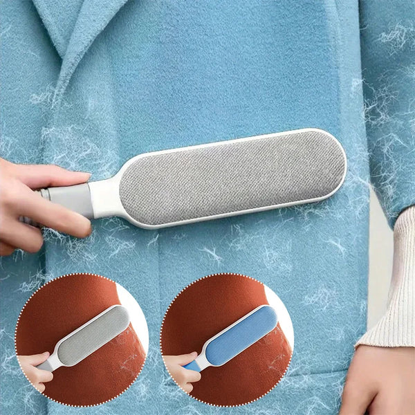 A hand holds a reusable lint remover brush against a light blue coat fabric, with inset circles showing the brush on a brown 