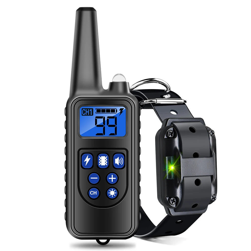 A black rechargeable dog training collar with a remote control and display is shown against a white background.