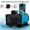 A black submersible pump with a blue housing is shown next to a frequency controller and a gift box.