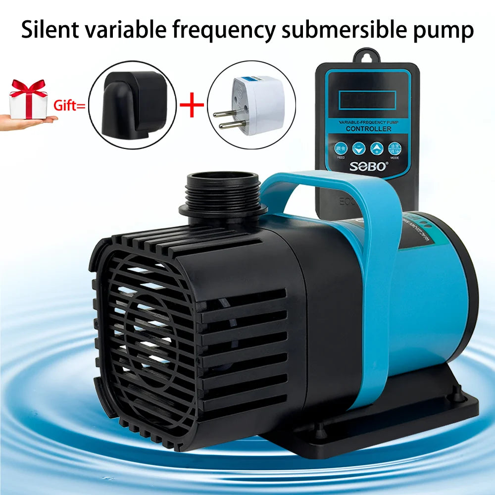 A black submersible pump with a blue housing is shown next to a frequency controller and a gift box.