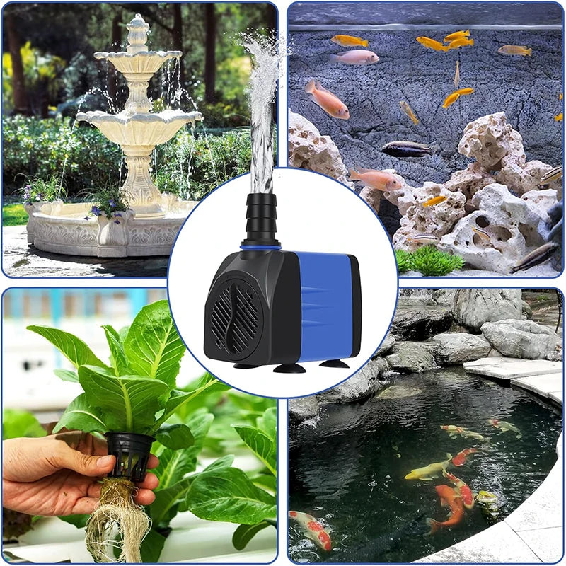 A black and blue submersible pump is shown spraying water into a small fish tank or waterfall setup.