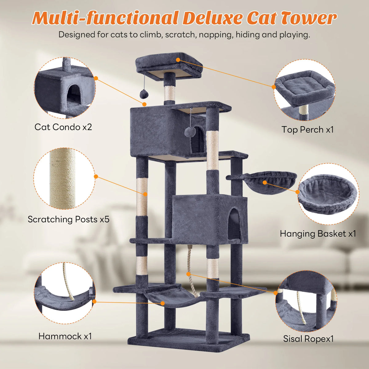 A multi-functional deluxe cat tower featuring condos, perches, scratching posts, a hammock, and a sisal rope toy.