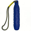 A blue durable EVA chew toy for large dogs with a yellow lanyard.