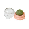 A natural catnip wall scratching stick toy consisting of a clear plastic dome and a round green ball in a pink holder.