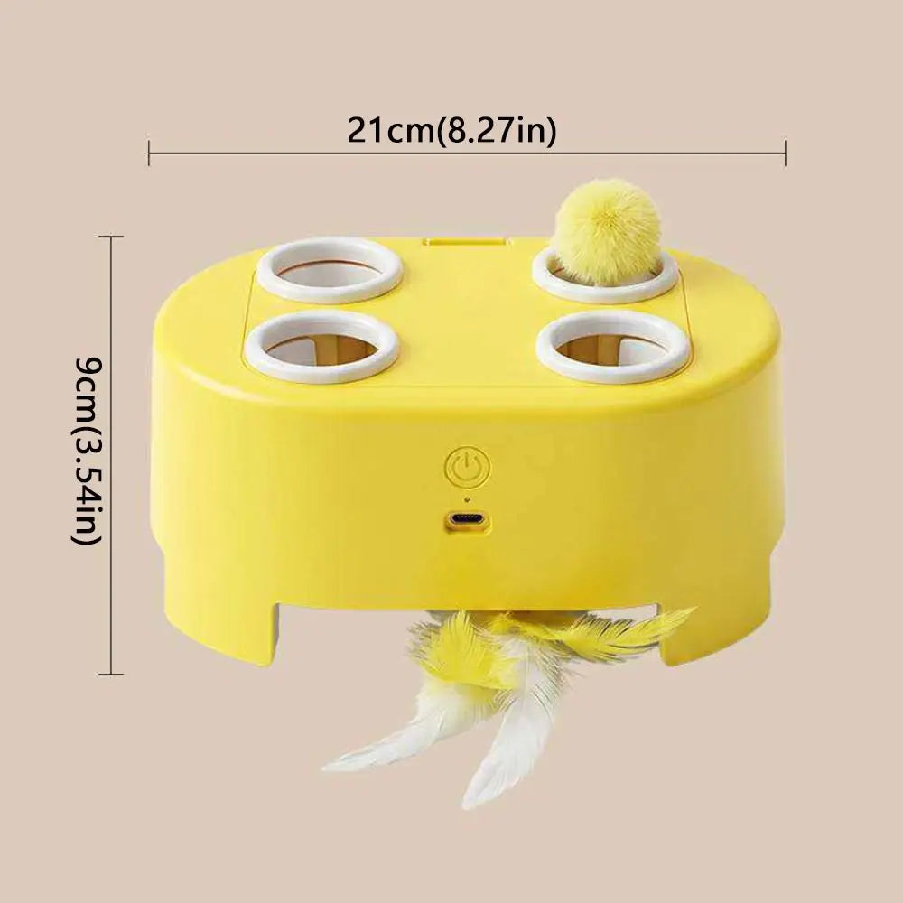 Yellow interactive whack-a-mole cat toy with a rotating base and feathers