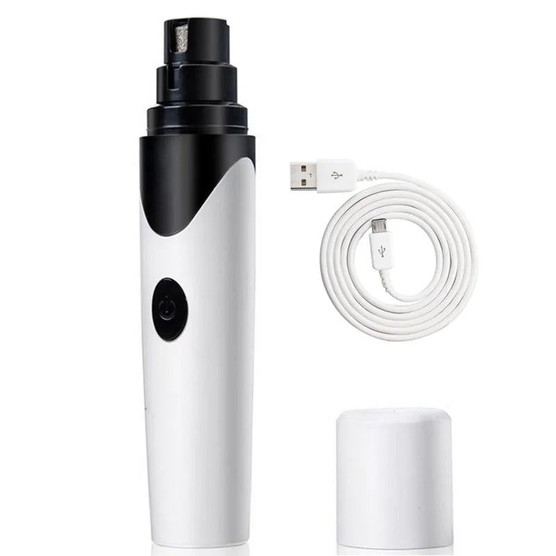 A white electric nail grinder for pets with a black pump and coiled cord.