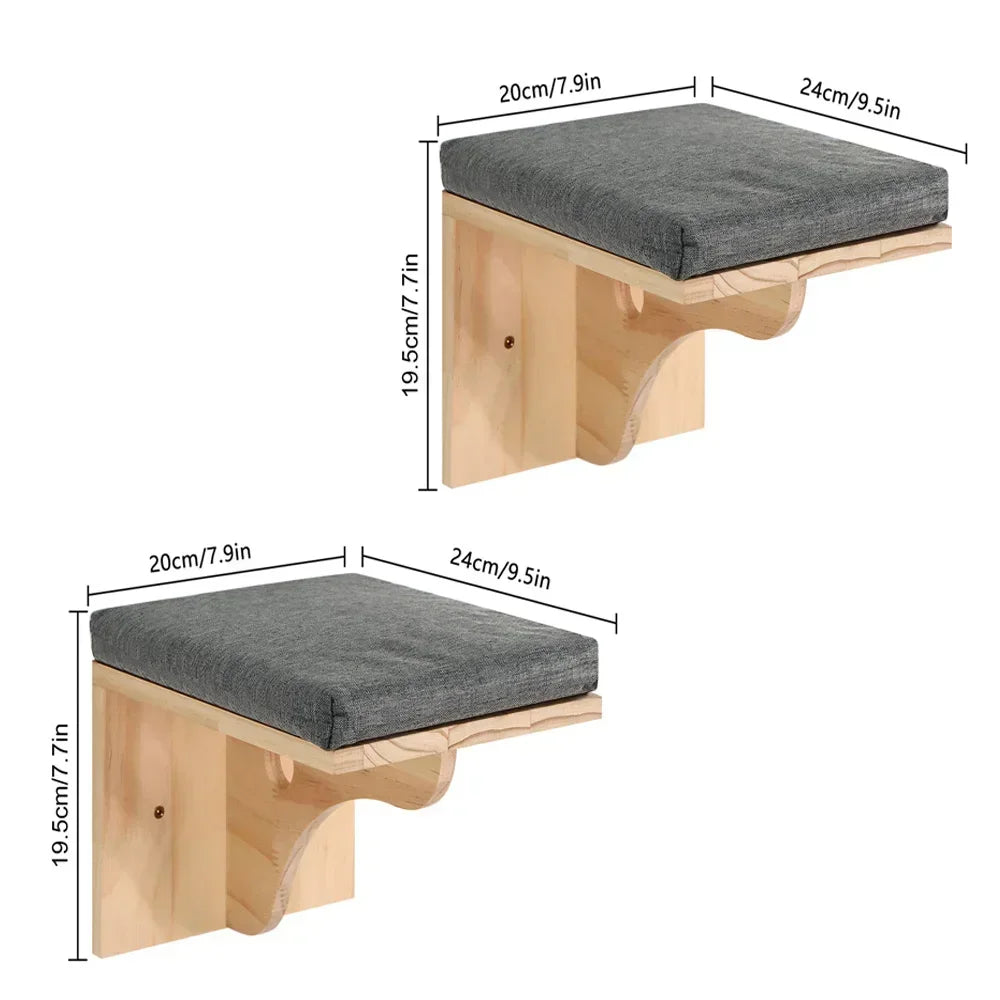 Natural wooden cat wall shelf with a gray cushioned perch and climbing surface.