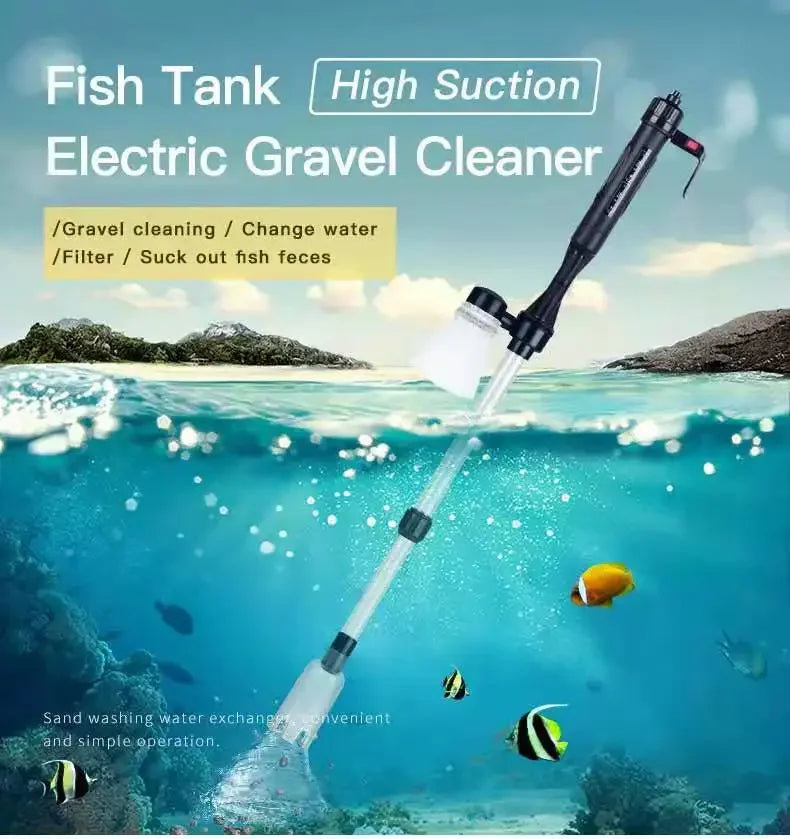 Outil électrique long pour nettoyer les graviers sous l'eau, en train de nettoyer un aquarium avec un flux d'eau et en retira