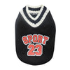Black pet sweater with a white V-neck trim and red text reading SPORT 23