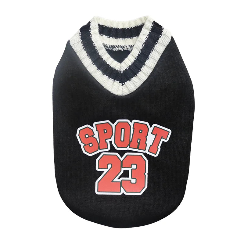 Black pet sweater with a white V-neck trim and red text reading SPORT 23