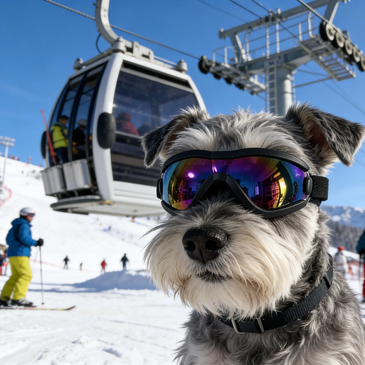 A fluffy dog wearing black UV protection sunglasses stands in a snowy mountain environment.